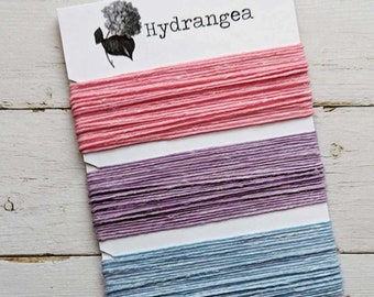 Waxed Linen Thread 4 ply, Hydrangea colors: Pink, Lavender, Light Blue, 5 or 10 yards of each color