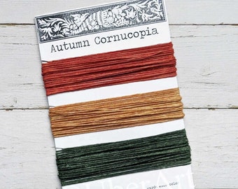 Waxed Linen Thread 4 ply, Autumn Cornucopia colors: Burnt Orange, Butterscotch, Dark Green, 5 or 10 yards of each color