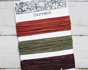 Waxed Linen Thread 4 ply, Harvest colors: Burnt Orange, Khaki Green, Maroon, 5 or 10 yards of each color