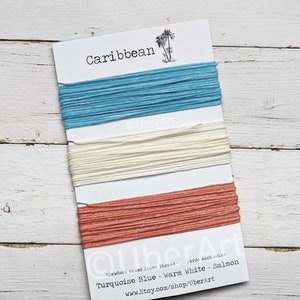 Waxed Linen Thread 4 ply, Caribbean colors: Turquoise, Warm White, Salmon, 5 or 10 yards of each color