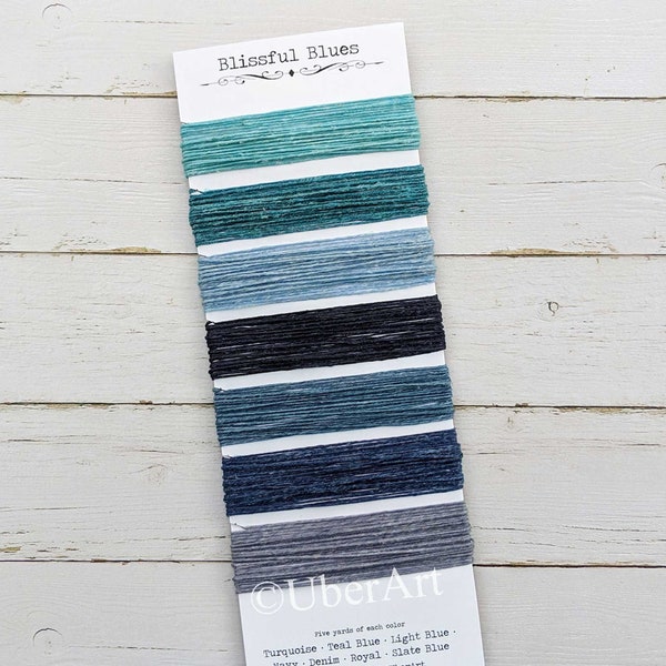 Waxed Linen Thread, Blissful Blues, 7 different shades of blue thread, 5 or 10 yards of each color