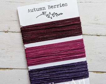 Waxed Linen Thread 4 ply, Autumn Berries colors: Maroon, Magenta, Plum, 5 or 10 yards of each color