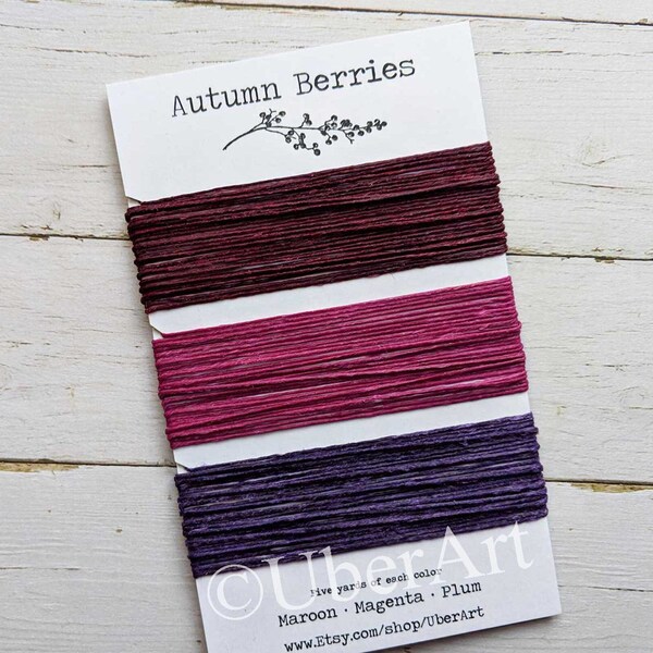 Waxed Linen Thread 4 ply, Autumn Berries colors: Maroon, Magenta, Plum, 5 or 10 yards of each color