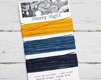Waxed Linen Thread 4 ply, Starry Night colors: Yellow-Orange, Royal Blue, Navy Blue, 5 or 10 yards of each color