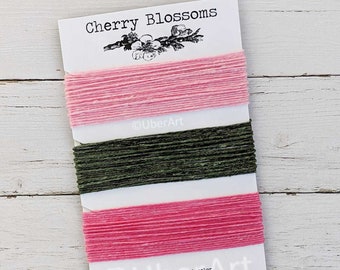 Waxed Linen Thread 4 ply, Cherry Blossoms colors: Pink, Dark Green, Hot Pink, 5 or 10 yards of each color