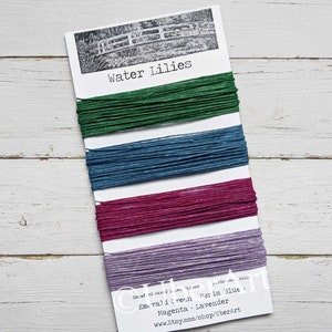 Waxed Linen Thread 4 ply, Water Lilies colors: Emerald Green, Denim Blue, Magenta, Lavender, 5 or 10 yards of each color
