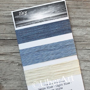 Waxed Linen Thread 4 ply, Sky colors: Denim Blue, Light Blue, White, 5 or 10 yards of each color