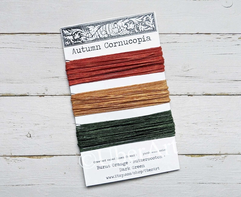 Waxed Linen Thread 4 ply, Autumn Cornucopia colors: Burnt Orange, Butterscotch, Dark Green, 5 or 10 yards of each color image 1