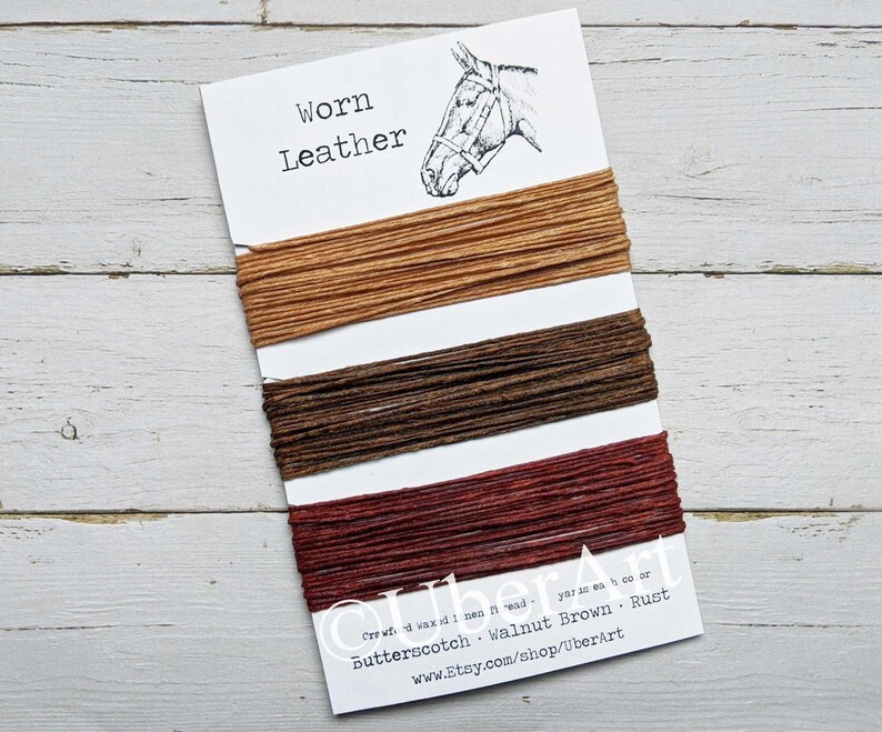 Waxed Linen Thread 4 ply, Worn Leather colors: Butterscotch, Walnut Brown, Rust, 5 or 10 yards of each color image 1