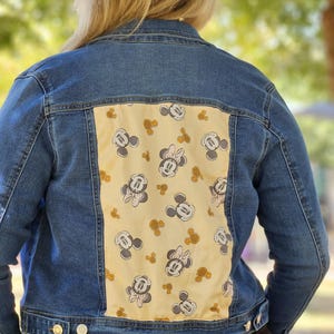 Disney Print Denim Jacket One of a Kind Custom Made - Jacket Size Women&#39;s Petite-Large PL - Minnie Mouse and Mickey Mouse Print on the Back