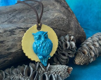 Handmade Gold Owl Pendant Necklace: Blue Clay Statement Jewelry