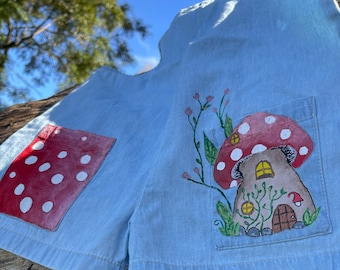 Enchanted Cottage Cuties: Hand Painted Mushroom Overalls for Trendy Toddlers