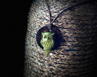 Handmade Owl Pendant: Green & Gold Wearable Art