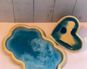 Jesmonite Decorative Trays – Cloud & Heart Shape, Oceanic Blues