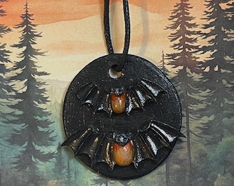 Hand-Painted Flying Fox Parent and Baby Clay Pendant: Unique Nature Gift