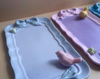 Handmade Gypsum Trinket Dish Set: Coquette Bird & Bee Jewelry Holder