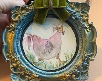 Hand Painted Watercolor Chicken Art: Original Framed Wall Decor