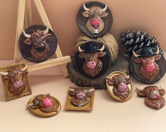 Highland Cow Magnet - Handmade, hand-painted, Air-Dry Clay Decor for Kitchen, Fridge, or Office Gift