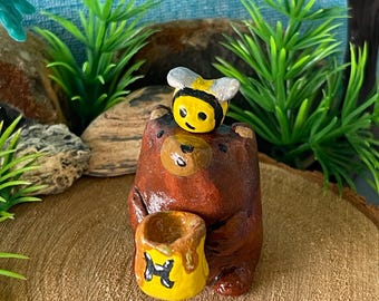 Handmade Air Dry Clay Magnetic Sculpture: Bear & Bumblebee Desk Decor