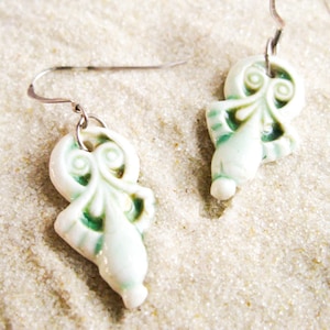 Porcelain Drop Earrings - White & Green Dangle Earrings - FREE SHIPPING