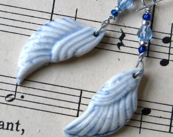 blue drop earrings with angel wings & crystals - handmade porcelain
