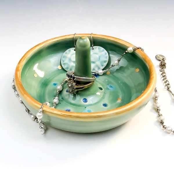 Pale Green Ring Holder with Gold Trim, Pottery Ring Dish