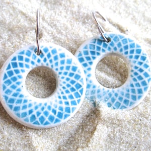 Porcelain Hoops in Turquoise & White - Spirograph - Dangle Earrings - FREE SHIPPING