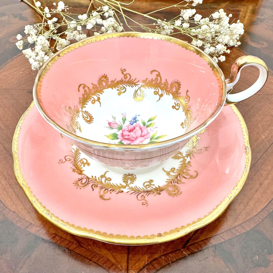 Vintage Aynsley Bone China Teacup and Saucer Set, Pink Rose, Art
