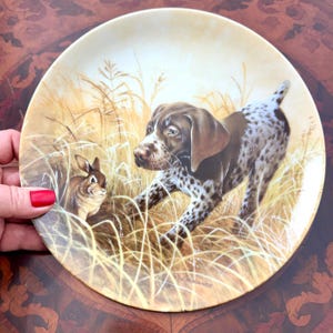 Könnte beinhalten: Dekorative Platte mit einem Jagdhund und einem Kaninchen in einem Feld mit hohem Gras. Der Hund ist braun und weiß, mit konzentriertem Blick. Das Kaninchen ist braun und weiß. Die Platte hat einen cremefarbenen Hintergrund.