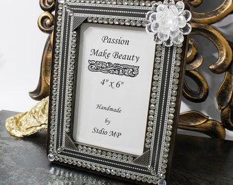 Photo Frame, Crystal Pearl Decorative Frame, Romantic Crystal Rose, Eclectic Style, Wedding Gift, Wooden Frame for Originality Women