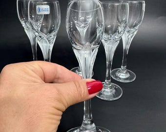 Vintage kristallen likeurglazen La Fleur Schott Zwiesel Duitsland, set van 6, helder, met een steel die lijkt op een bevroren tulp met afgesneden bloemblaadjes, klassiek barware.