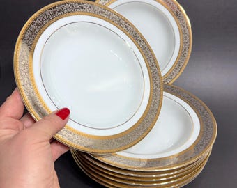 Piatto da insalata American Atelier Windsor Gold 5033 da 21,5 cm, ciotola da zuppa, fascia decorata con oro 22 carati e platino, servizio da tavola in porcellana fine giapponese.