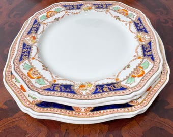 Conjunto de pratos de jantar quadrados vintage Royal Caledonia, porcelana fina da Inglaterra, 1933, substituição em porcelana azul cobalto.