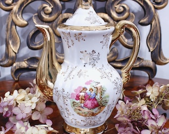 British Style Porcelain Teapot, Couple Floral Decor, Golden Trim, Made in Japan, Vintage, Tea Party Coffee, Home Decor, Antic Women Gift