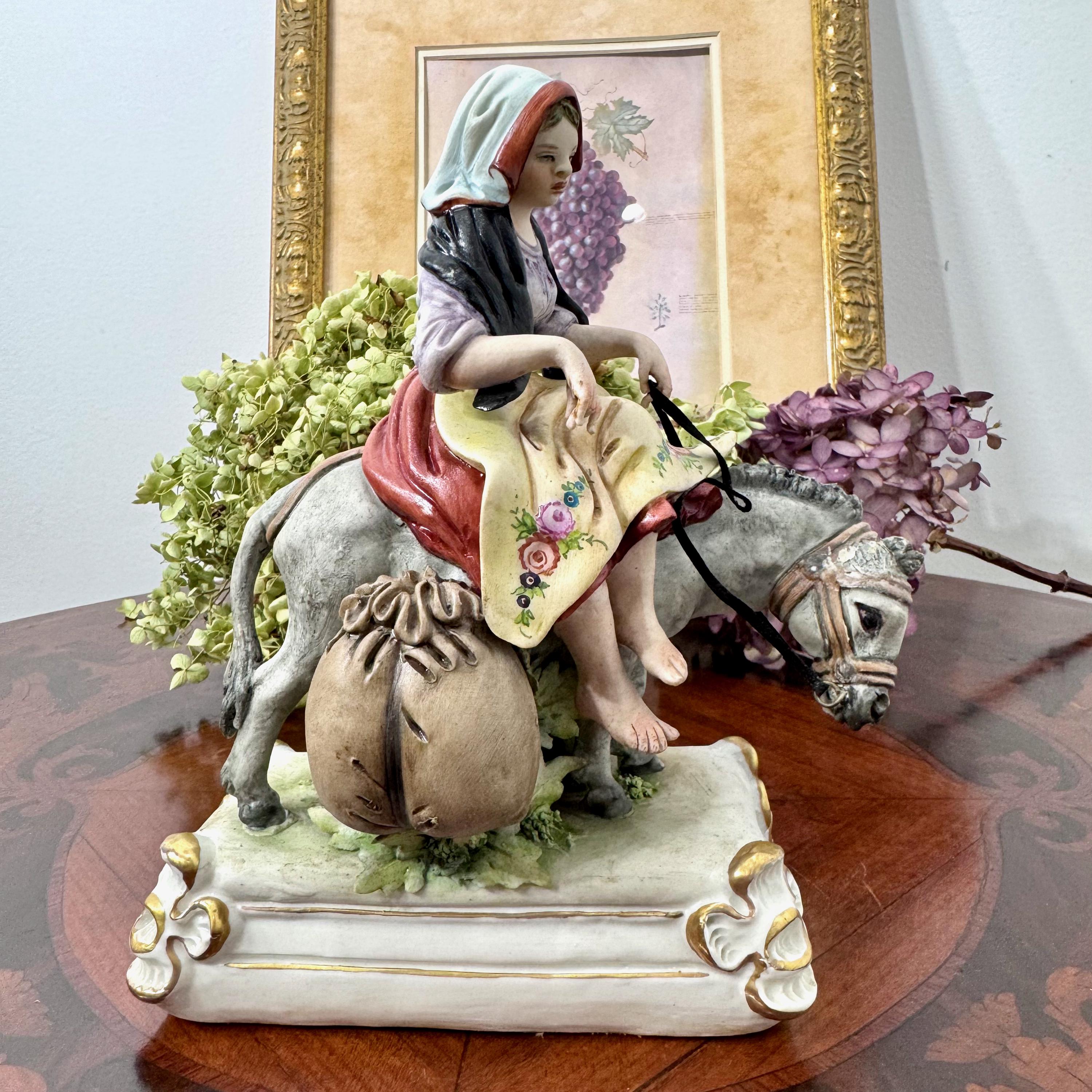 Capodimonte Porcelain Figurine Women On Donkey By G. Ronchi, Hand Painted Sculpture, Mid Century Italy, Vintage Collectible