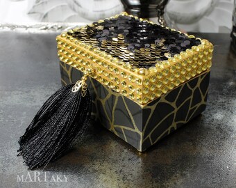 Sequin Decorated Gift Box, Black Gold Rhinestone Exotic Giraffe Pattern Decorated Glamour Box Engagement Ring Box Sequin Desk Home Decor