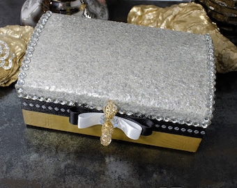 Sparkle Glamour Jewelry Box Storage, Decorated Wooden Box,Clear Crystal Silver Gold Jewelry Organizer,Funny Gift For Her,Handmade Home Decor