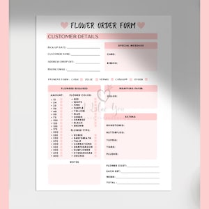 Formularz zamówienia florysty do druku, edytowalny szablon formularza zamówienia kwiatów, arkusz zamówienia firmy florystycznej, organizer zamówień kwiatów, bukiet