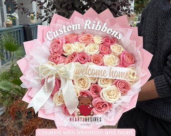 Custom Bouquet Ribbon with Personalized Message, Baby Shower Proposal Gift, Birthday, Valentine’s Day, Mother’s Day/ Liston para Ramo