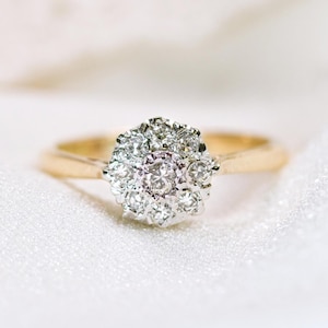 Vintage Naturdiamant Runde Daisy Cluster Ring Größe N.5 - Massiv 18 Karat Gelbgold + Platin Einzigartige Verlobungsring / Versprechensring