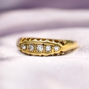 Antique Diamond Five Stone Ring Size M - 18 Carat Yellow Gold Engraved Grain Set Engagement / Promise Ring or Wedding band