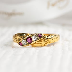 Antique Victorian Ruby & Diamond Five Stone Twist Ring Size R - 18 Carat Yellow Gold  Swirl Engraved Birthstone Promise / Engagement Ring