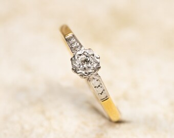 Vintage oro amarillo de 18 quilates + anillo de diamantes solitario de platino 1930 tamaño M - anillo de compromiso / promesa antiguo
