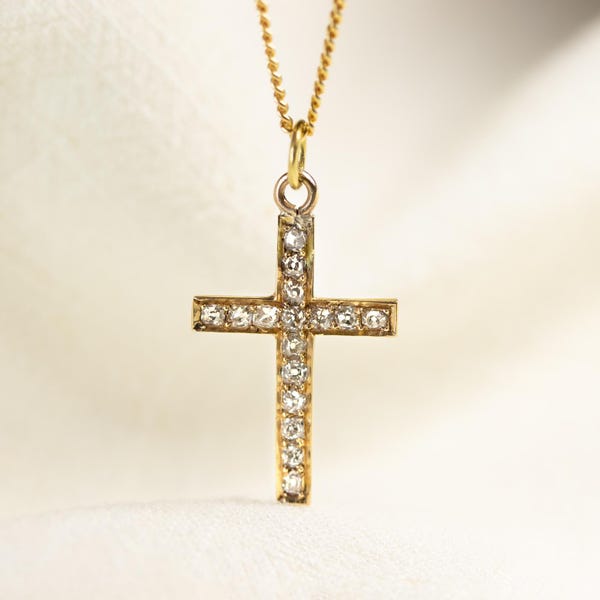 Victorian 18K Yellow Gold Diamond Cross Pendant | 1880s Antique Jewellery