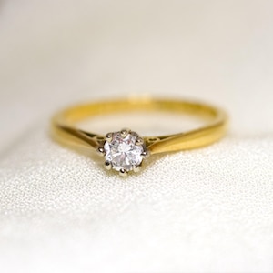 Vintage Natural Diamond Solitaire Ring Size K - 18 Carat Yellow Gold & Platinum Minimalist Delicate Engagement / Promise Ring