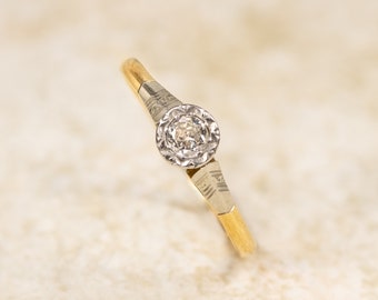 Vintage Unique Handmade Diamond 18 Carat Yellow Gold & Platinum Solitaire Ring 1910's Size Q 1/2 - Old cut Antique Illusion Ring