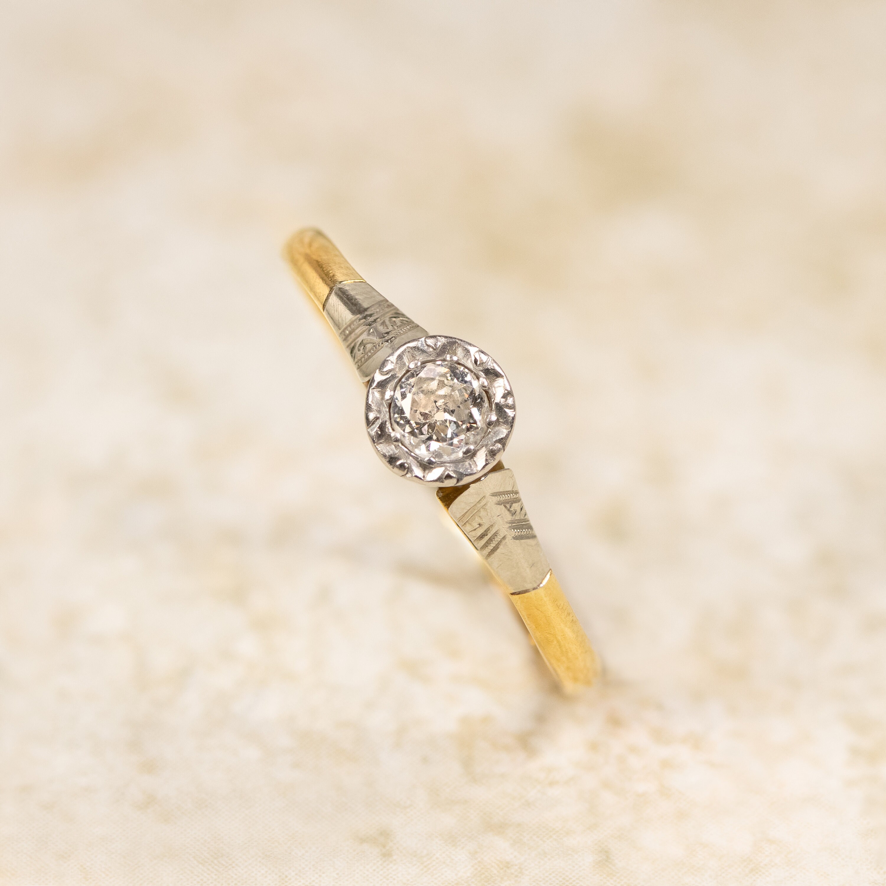 Vintage Unique Handmade Diamond 18 Carat Yellow Gold & Platinum Solitaire Ring 1910's Size Q 1/2 - Old cut Antique Illusion Ring