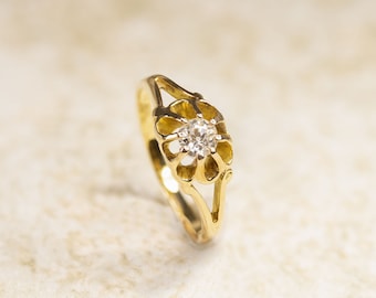 Anel de sinete vitoriano com diamantes – Ouro amarelo 18K, estilo antigo para noivado.
