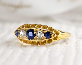 ヴィンテージ ブルー サファイア リング、アンティーク 9k ゴールド