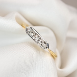Unique Geometric Engagement Ring, Five Stone Diamond Ring Size M - 18 Carat Yellow Gold & Platinum  Vintage Edwardian Era Promise Ring